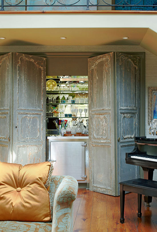 wetbar hidden behind vintage doors, wet bar inspiration