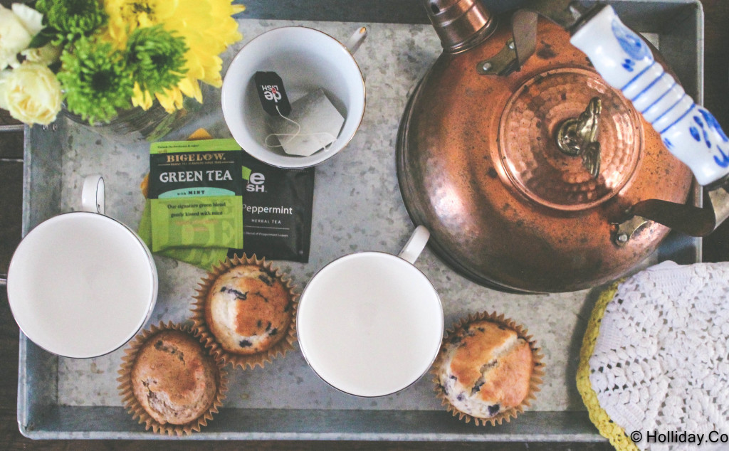 entertaining with a galvanized tray muffins and tea, tea, muffins, muffin, entertaining, hosting, what to feed guests