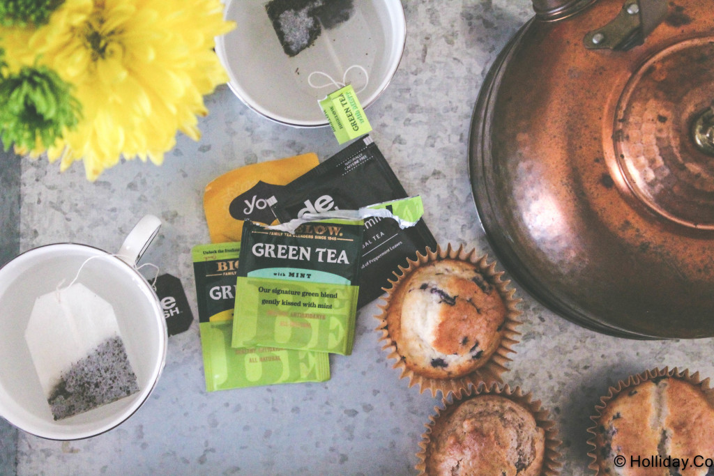 entertaining with a galvanized tray muffins and tea, tea, muffins, muffin, entertaining, hosting, what to feed guests