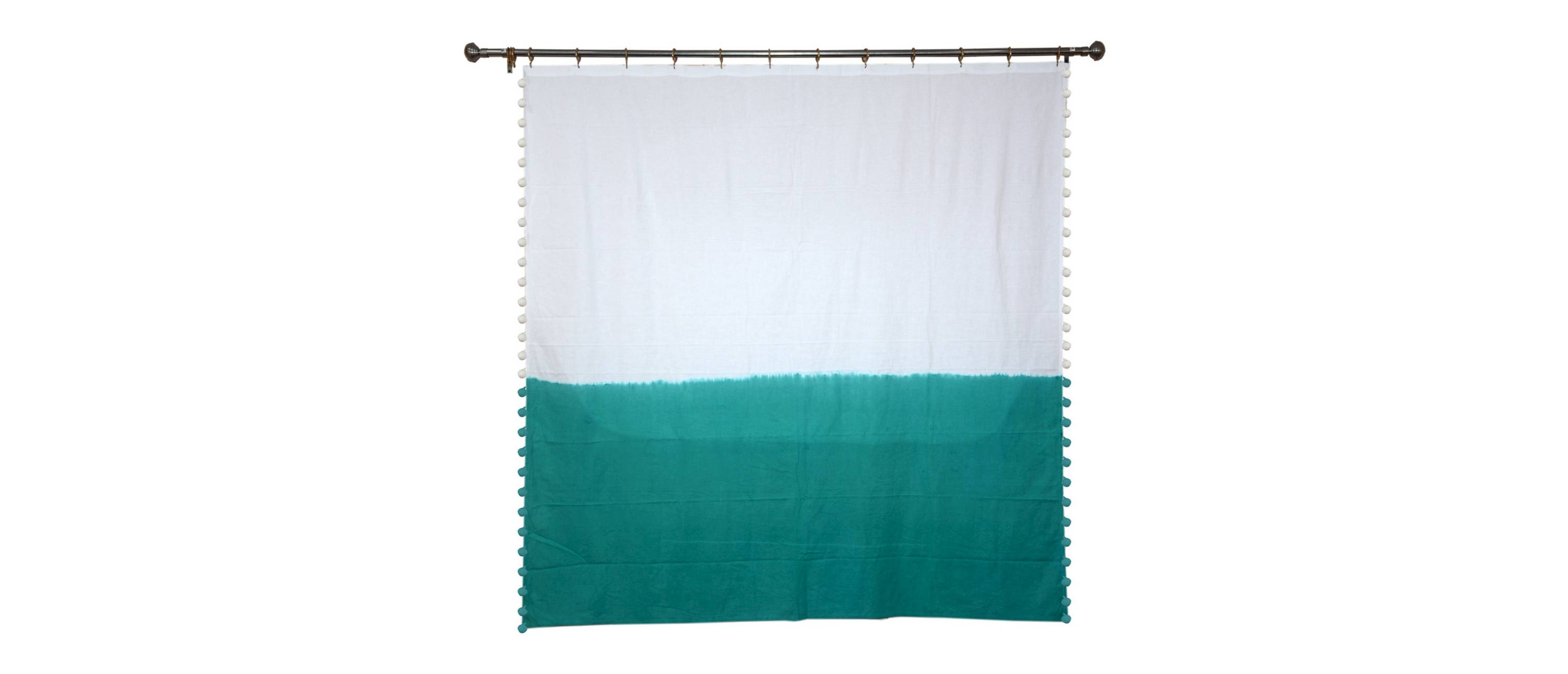 teal and white pom pom shower curtain