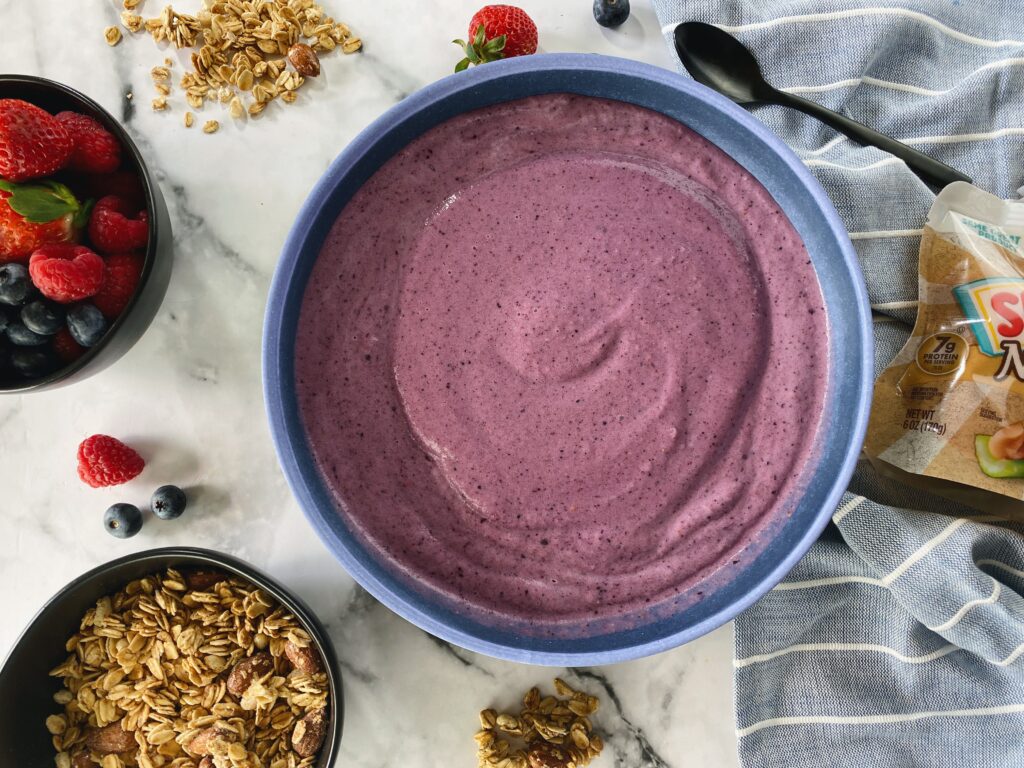 smoothie bowl, skippy peanut butter squeeze packs, smoothie, smoothie in a bowl