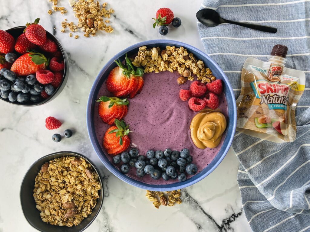 smoothie bowl, skippy peanut butter squeeze packs, smoothie, smoothie in a bowl