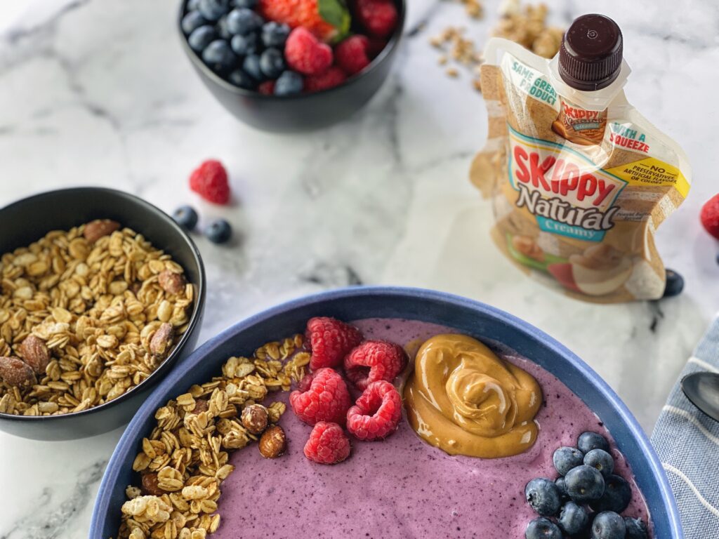 smoothie bowl, skippy peanut butter squeeze packs, smoothie, smoothie in a bowl