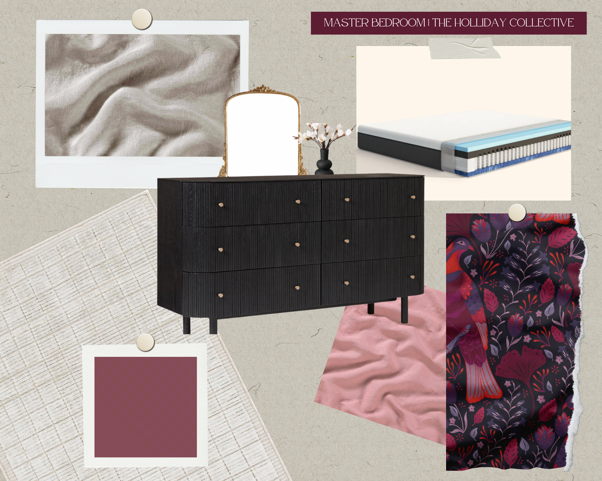 design board, romantic bedroom design, moody bedroom